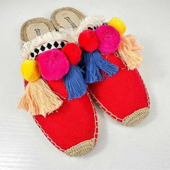 Espadrille Slides Tassel Soludos Pom Red Yellow Blue Colorful Loud Size 8.5 - Picture 3 of 10